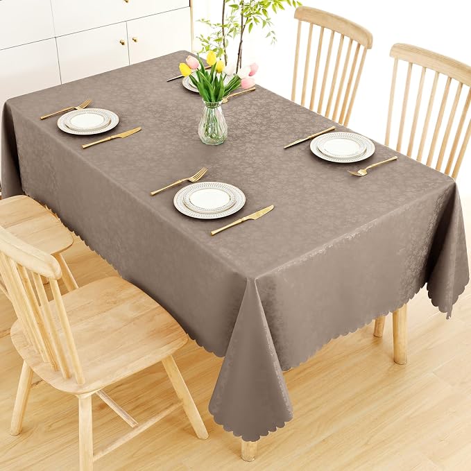 Smiry Rectangle Waterproof Heavy Duty Vinyl Tablecloths, 60 x 102 Inch | Wipeable Washable Floral Embossed Table Cover for Kitchen and Dining Room, Indoor & Outdoor Use, Taupe - Image 8