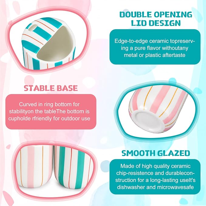 2 Pcs Ceramic Mug with Sip Hole 10 oz Pink Turquoise Striped Ceramic Coffee Mug Hand Painted Travel Mugs Heat Resistant Non Slip Built in One Lid Mugs for Coffee Lovers Appreciation Gift - Image 3