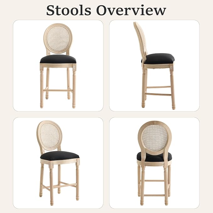 French Country Barstool, Linen Farmhouse Counter Height Chair | Set of 4, with Rattan Round Back and Solid Wood Legs, Oval Chairs for Restaurant, Bar, Kitchen, Café, Black - Image 6