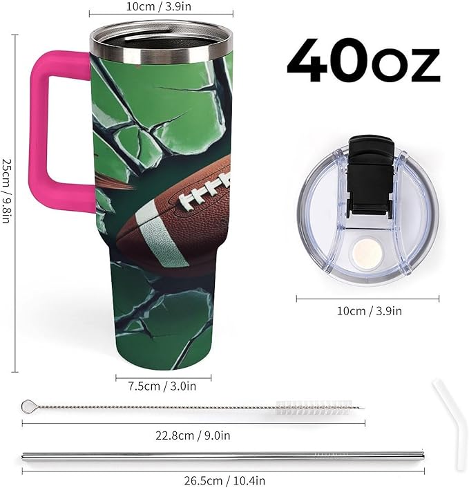 Football Impact on Cracked Glass Tumbler with Handle Insulated Water Travel Coffee Mug Bottle with Lid And Straw Stainless Steel Leak Proof Vacuum Insulated Cup 40 OZ