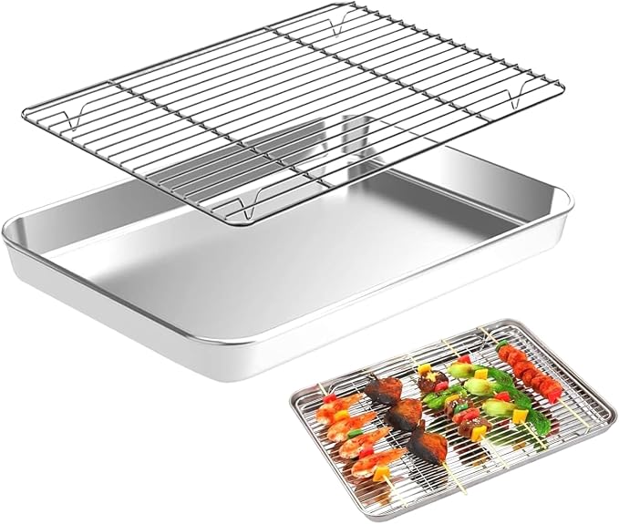 Stainless Steel Baking Sheet with Non-Stick Coating, Stackable Wire Rack for Indoor Outdoor Cooking, Baking, Grilling, Airflow Circulation Rack, Square Baking Tray for Cookies, Pastries, Vegetables by Unknown
