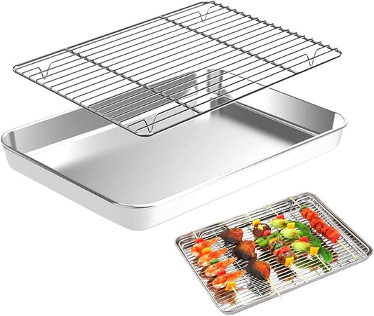 Stainless Steel Baking Sheet with Non-Stick Coating, Stackable Wire Rack for Indoor Outdoor Cooking, Baking, Grilling, Airflow Circulation Rack, Square Baking Tray for Cookies, Pastries, Vegetables by Unknown
