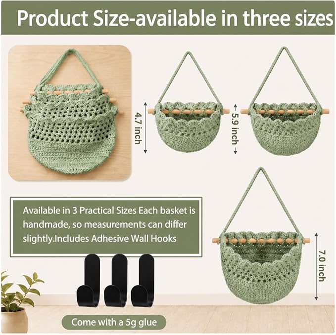 Honeydak Boho Decor Hanging Wall Baskets for Kitchen 3 Pack Teardrop Baskets with Hooks Storage Fruit Onion Vegetable Potato for Home(Sage Green,Lace,Cotton Rope) - Image 4