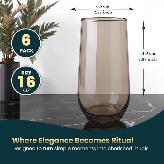 Smokey Sand Drinking Glasses Set of 6 | Translucent Brown Glassware | 16 oz Brown Glass Cups | Highball Drinkware for Cocktails, Long Drink, Mojito, Juice, Soda | Modern Tortoise Drinkware - Image 2
