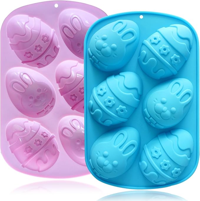 Egg Shape Silicone Molds 3.5 Inch, 2-Pack Chocolate Baking Holiday Easter Mould, Non-Stick BPA Free, Kid-Friendly Soap Mold Rabbit & Floral Designs, Blue & Pink by HKNMTT