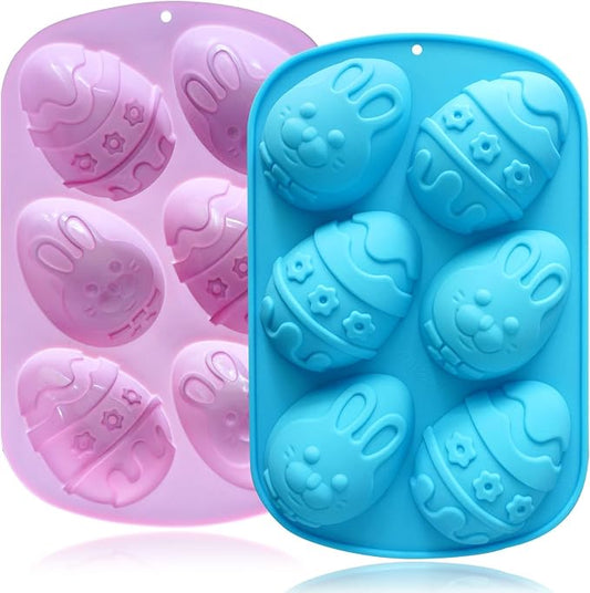 Egg Shape Silicone Molds 3.5 Inch, 2-Pack Chocolate Baking Holiday Easter Mould, Non-Stick BPA Free, Kid-Friendly Soap Mold Rabbit & Floral Designs, Blue & Pink by HKNMTT