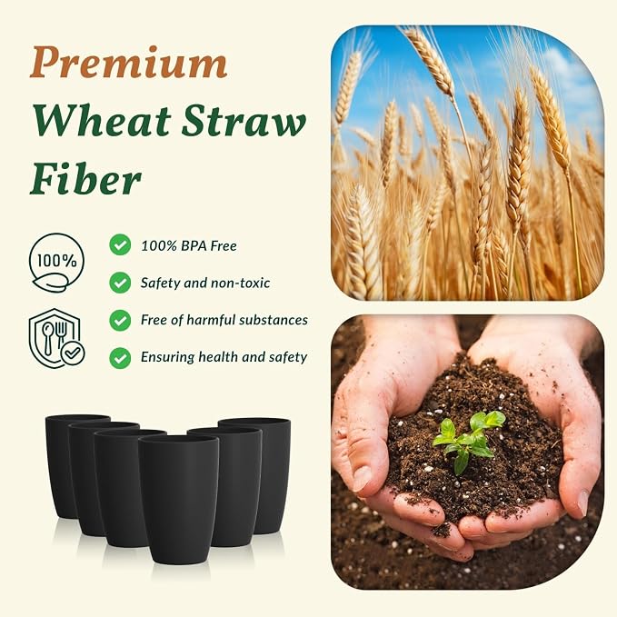 Homienly Kitchen Cups 20oz Wheat Straw Cups-6 pcs Lightweight cups Unbreakable & Reusable Glassware Set Stackable for Party,Camping,Picnic-Black - Image 4