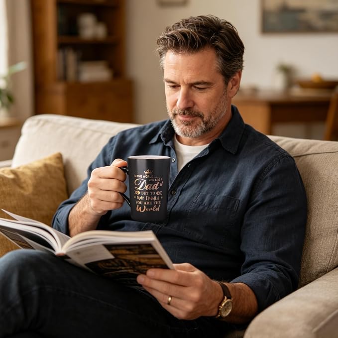 Birthday Dad Gifts from Daughter Son, 14Oz Coffee Mug Print Real Gold | Unique Matte Black Ceramic Cup With Lid Spoon Card Nice Box - Christmas Birthday Fathers Day Gifts for Dad Husband Stepfather - Image 2