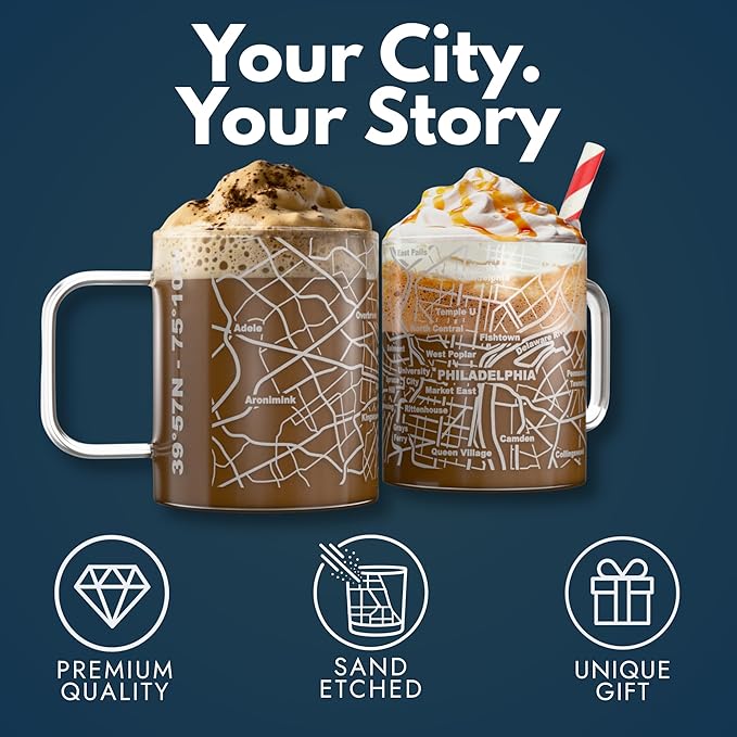 Greenline Goods – Philadelphia, PA Map Glass Coffee Mugs (Set of 2), 16 oz – Etched Wrap Design