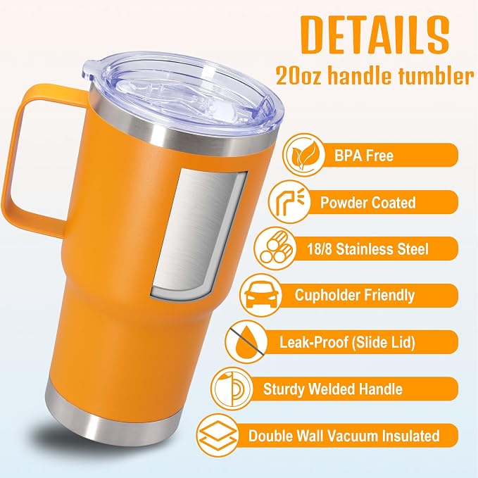 20 oz Tumbler with Handle and Lid Insulated Travel Coffee Mug Orange 12P | Stainless Steel Tumbler, coffee tumbler with handle,Spill Proof Double Wall Vacuum Tumbler Cup Keep Drink Hot & Cold - Image 3