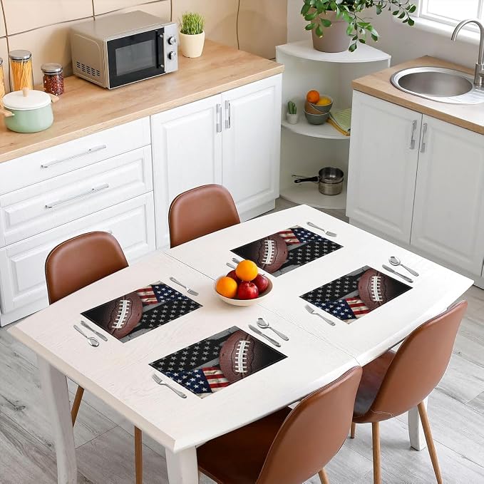 Feelyou Football Placemats Set of 4 12x18 Inch American Flag Table Mats for Party Kitchen Dining Decoration Holiday Seasonal Patriotic Rugby Place Mat for Dinner Table Indoor Outdoor Easy to Clean - Image 3
