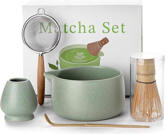 20OZ Matcha Whisk Set - 5PCS Chasen Set Includes Matcha Bowl with Spout, Bamboo Whisk with Ceramic Holder, Macha Scoop and Sifter, Matcha Kit for Ceremony, Gift for Matcha Lovers (Pale Gray-Green)