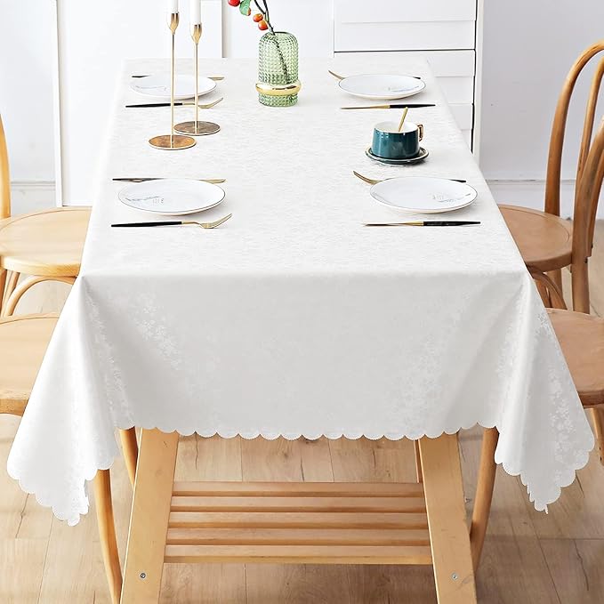 Smiry Rectangle Waterproof Heavy Duty Vinyl Tablecloths, 70 x 90 Inch | Wipeable Washable Floral Embossed Table Cover for Kitchen and Dining Room, Indoor & Outdoor Use, White - Image 7
