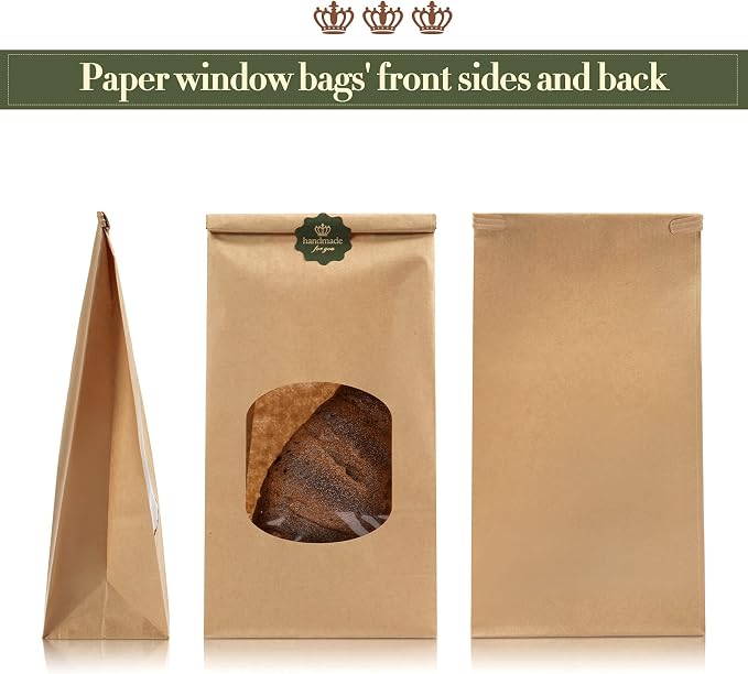 Tenare 50 Pieces Brown Bakery Bags with Window Kraft Paper Bags Christmas Tin Tie Tab Lock and 60 Pieces Adorable Handmade Label Seal Stickers Window for Xmas Coffee Cookie Treat, 4.5 x 2.56 x 9.6" - Image 5