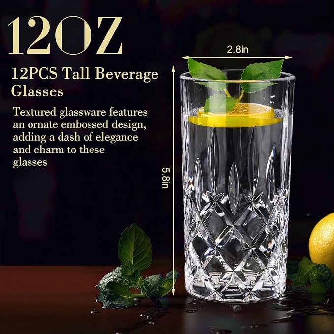 Uiifan Set of 12 Tall Highball Glasses 12 oz Crystal Drinking Glasses Clear Fancy Cups Vintage Textured Designer Glassware for Cocktail Tea Water Beer Soda Beverages, Dishwasher Safe (Classic Style) - Image 2