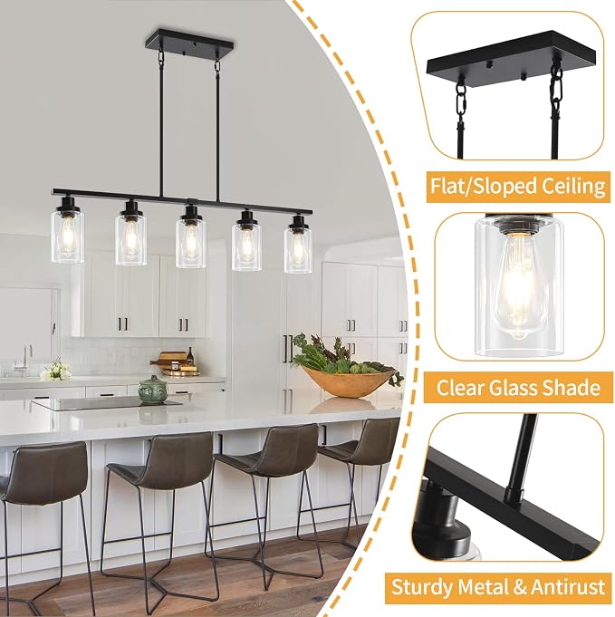 5-Light Black Kitchen Island Lighting, Modern Dining Room Light Fixtures | 37'' Farmhouse Linear Chandeliers Over Table, Island Lights for Kitchen with Clear Glass Shades, Adjustable Height - Image 4