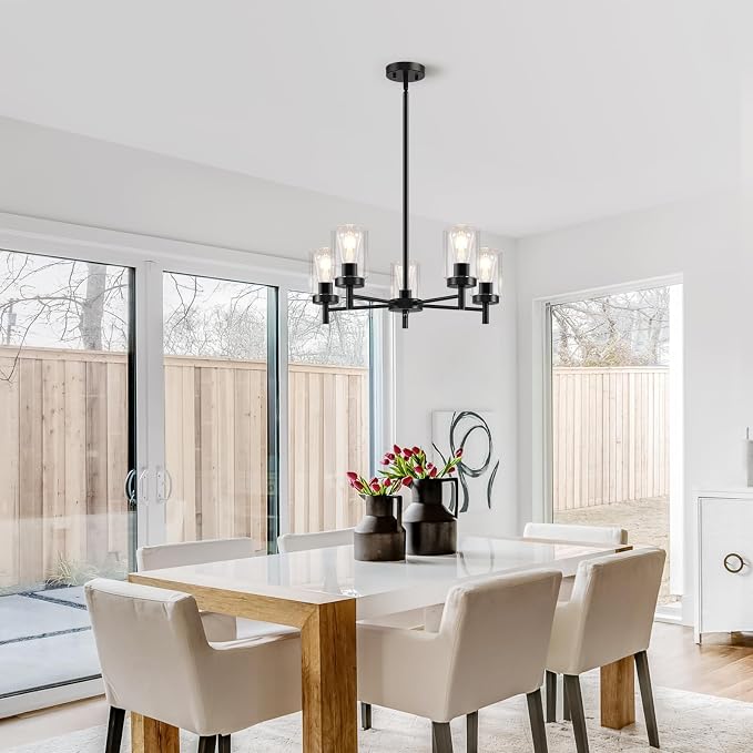 5 Lights Black Modern Farmhouse Chandelier for Dining Room with Glass Shade, Pre-Wired Height Adjustable Pendant Light Ceiling Lighting Fixture for Dining Living Room Bedroom Kitchen Foyer - Image 3