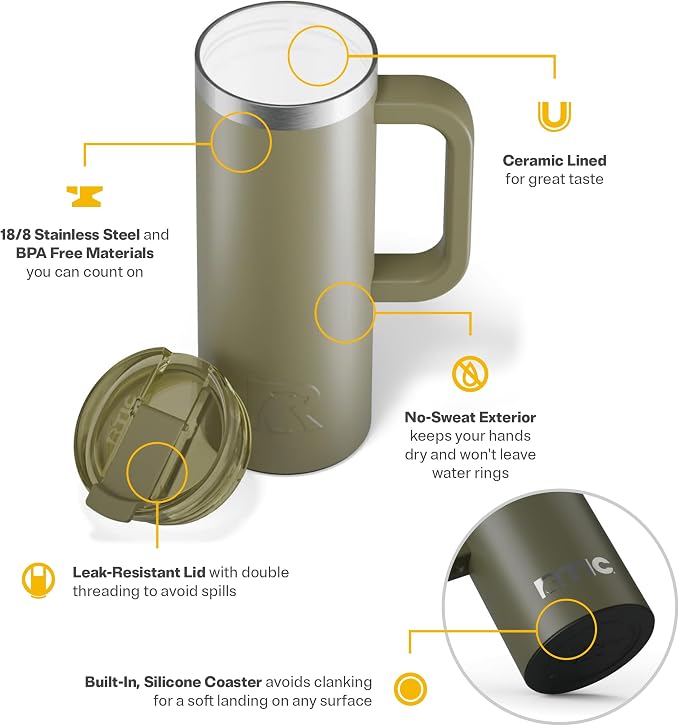 RTIC 20oz Road Trip Travel Mug with Lid and Handle, Ceramic Lined, Insulated, Stainless Steel, Metal, Double Wall Vacuum-Insulation, Portable Coffee, Tea Cup for Hot and Cold Drink, Olive - Image 3