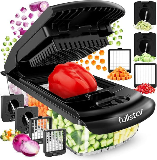 Fullstar Pro Original Vegetable Chopper & Spiralizer, Kitchen Prep Tool | 4 in 1 Veggie Slicer, Onion & Fruit Cutter with Sharp Stainless Steel Blades & Container, All-in-One Food Prep Tool (Black) by fullstar