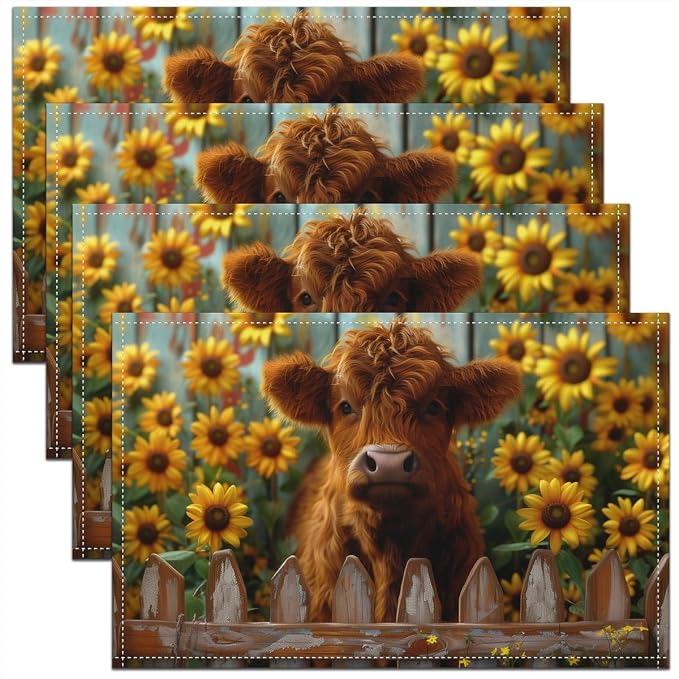 Feelyou Highland Cow Placemats Set of 4 12"x18" Highland Cattle Table Mats Placemat Animal Placemats for Dining Table Indoor Outdoor Kitchen Sunflower Farmhouse Decor Table Place Mats by Feelyou