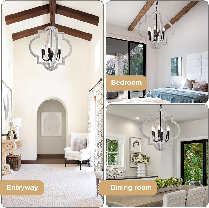 6-Light 21" Farmhouse Orb Chandelier Rustic Handmade Distressed White Wood Hanging Ceiling Pendant Light Fixture Wood Lantern Chandeliers for Dining Room Kitchen Bedroom Foyer Hallway - Image 5