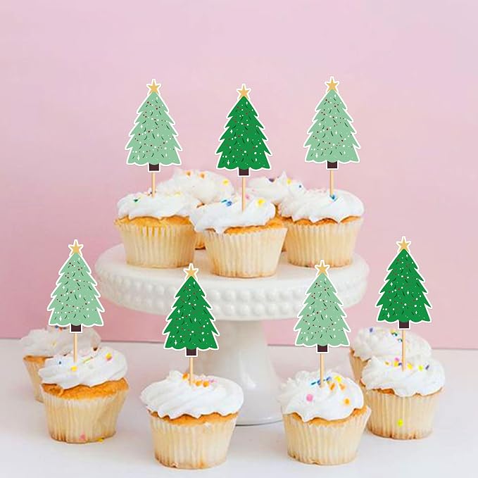 24PCS Christmas Tree Cupcake Toppers Picks Xmas Holiday Cupcake Picks Merry Christmas Theme Holiday Boy Girl Birthday Baby Shower Party Supplies Green - Image 2