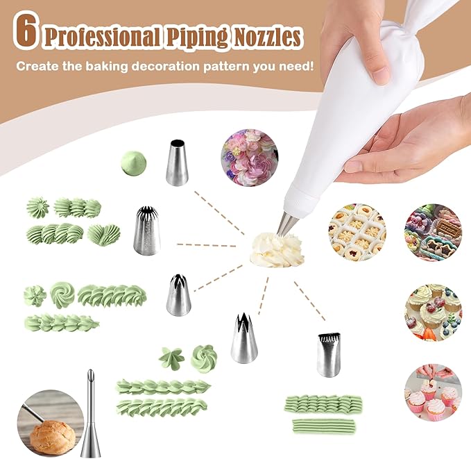 9-Piece Reusable Piping Bags and Tips Set-16inch Cotton Baking Kit with Coupler, Stainless Steel Nozzles & Cleaner for Cakes/Cupcakes/Cookies Decorating