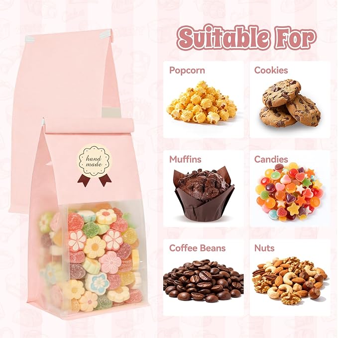 100 Cookie Bags with Seal, Resealable Bakery Bags with Window, Pink Paper Treat Bags for Packaging Pastry, Muffin, Cookie, Baked Goods, Included 120 Handmade Stickers - Image 4