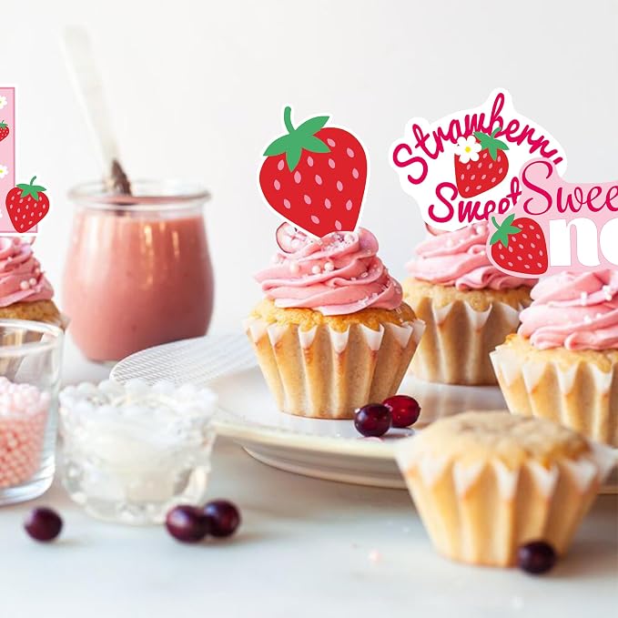42Pcs Edible Strawberry Sweet One Cupcake Toppers Wafer Paper Birthday Strawberry Cupcake Picks for Baby Shower Kids Birthday Party Cake Decorations Supplies - Image 2