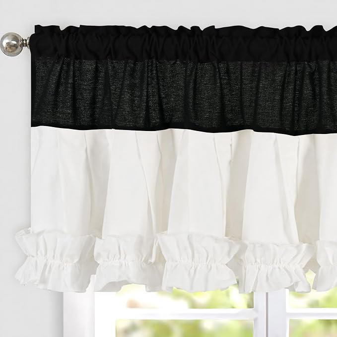 Likiyol Linen Valances for Windows Farmhouse Ruffle Valance Rustic Country Window Valances Light Filtering Kitchen Curtains Rod Pocket Valance Curtains for Bathroom Cafe, Black White, 52" W X 18" L - Image 2