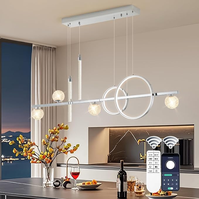 ORANOOR Modern LED Pendant Lights, Dimmable 47inch Silver LED Chandelier | Upgraded Chrome Linear Dining Room Hanging Light Fixtures, Kitchen Island Globe Pendant Lighting for Dining Table (4200lm) - Image 2