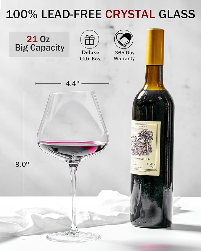 JBHO Hand Blown Italian Style Crystal Burgundy Wine Glasses - Lead-Free Premium Crystal Clear Glass - Set of 2-21 Ounce - Gift-Box for any Occasion - Image 5