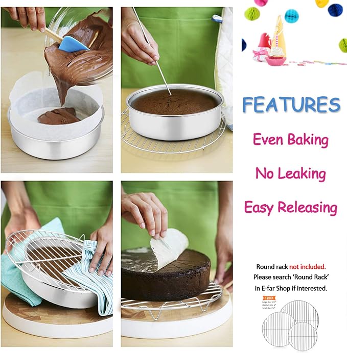 E-far 6 Inch Cake Pan Set of 2, Stainless Steel Round Smash Cake Baking Pans, Non-Toxic & Healthy, Mirror Finish & Dishwasher Safe - Image 5