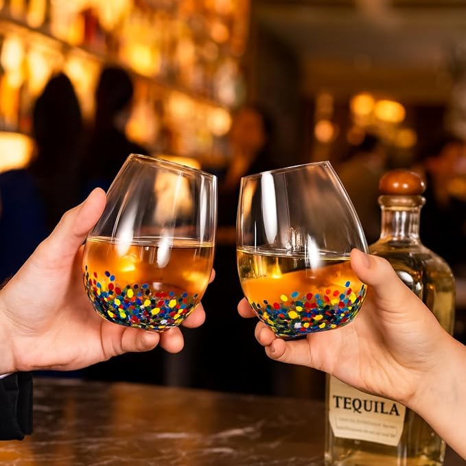 Large Stemless Wine Glasses – Set of 2-14oz Luxury Hand Blown Confetti Margaritas, Martini, Cocktails, Water, Wine, Dessert & Champagne Glasses Cinco de Mayo, Hand Blown - Mexican Confetti Glass - Image 8