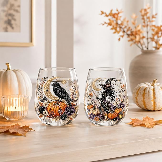 3D Halloween Autumn Glass Art Cup,Stemless Holiday Glassware Collection | Fantasy Fall Witch Wine Glasses,Holiday Printed Table Ornaments,Magical Halloween Home Decor Gifts for Various Beverages - Image 4