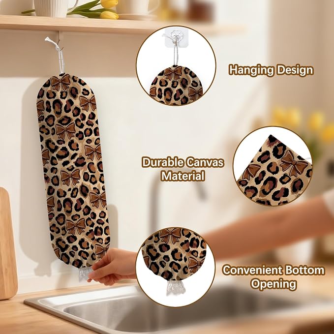 Leopard Print Plastic Bag Holder Dispenser, Plastic Grocery Bag Organizer & Wall Mount Paper Trash Bags Saver Storage for Kitchen Home Pantry Decor, Kitchen Decor Shopping Bags Storage Dispenser - Image 3