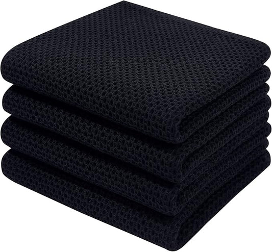 Homaxy 100% Cotton Waffle Weave Kitchen Dish Towels 4-Pack, Black | 13 x 28 Inches, Ultra Soft Absorbent Dish Towels, Quick Drying Cleaning Towels by Homaxy