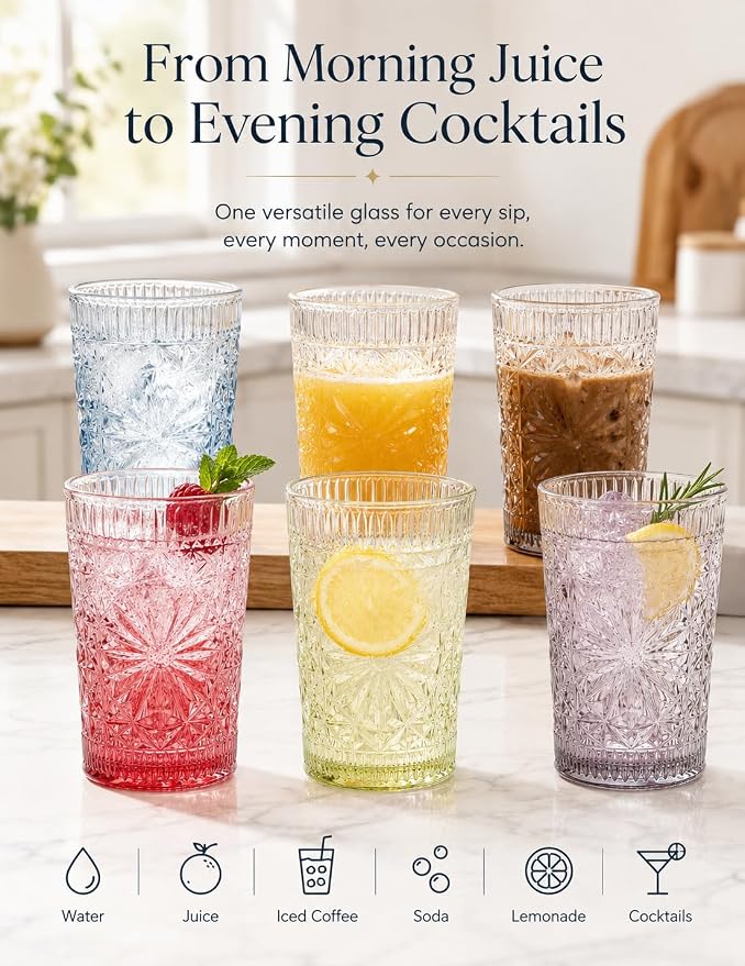 Colored Vintage Drinking Glasses Set of 6, 13 oz Gradient Embossed Highball Glasses, Textured Glass Cups Tumblers for Water, Iced Coffee, Juice & Cocktails, Dishwasher Safe(Dahlia style) - Image 6