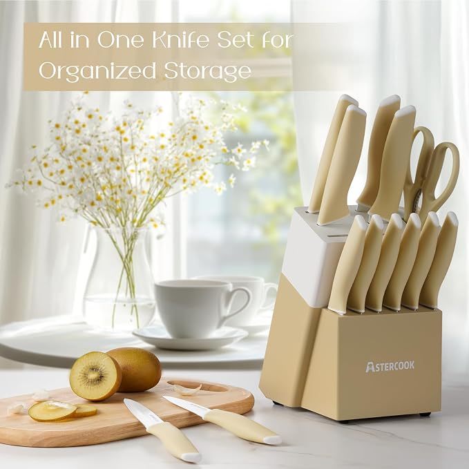 Astercook Kitchen Knife Set with Block and Sharpener 15 Piece Knives Set German High Carbon Stainless Steel Knives Sharp Blade Dishwasher Safe Deba Knives with Ergonomic Handle - Image 5