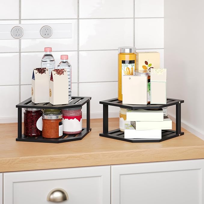 VERTORGAN 2 Tier Bamboo Dish Drying Rack,Corner Shelf 2 Pack(Black) | Pantry Storage,Dish Rack,Spice Rack,Corner Organizer,Kitchen Counter Shelves,Kitchen Storage,Holds Plates - Image 2