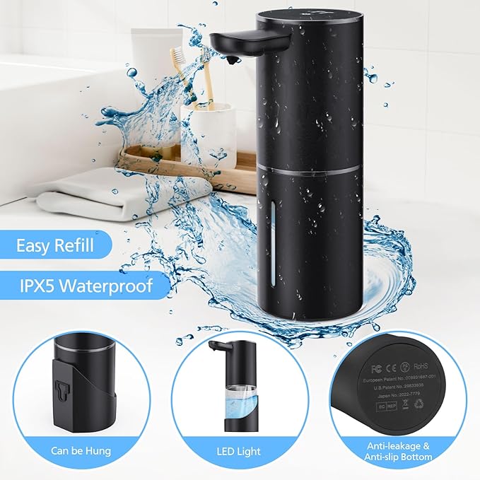 Automatic Foaming Soap Dispenser Touchless, 15.55 oz/460mL USB C Rechargeable Hand Sanitizer Dispenser with Auto Clean, 5 Adjust Volume,°C&℉ display, Waterproof Pump for Bathroom Kitchen (Black)