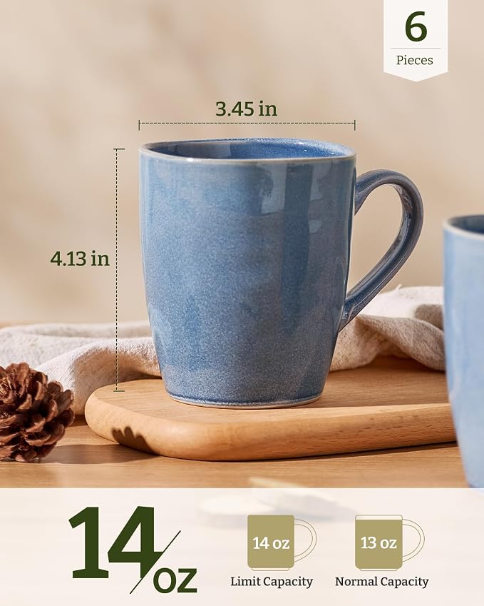 famiware Aurora Coffee Mugs, 14oz Mug Set of 6, Stoneware Mug, Cups for Kitchen, Cappuccino, Latte, Reactive Glaze, Microwave Safe, Scractch-resistant, Lagoon Blue - Image 4