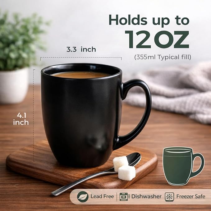AmorArc 12 OZ Coffee Mugs, Matte Black Coffee Cups with Large Handle for Man, Woman, Ceramic Coffee Mugs Set of 12 for Latte/Cappuccino/Cocoa/Milk, Dishwasher & Microwave Safe - Image 2