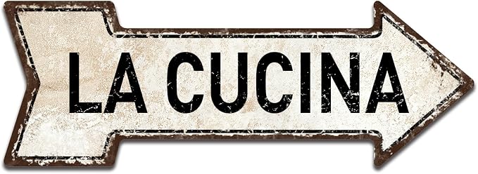 Mukuko La Cucina Sign, 6" x 18" Arrow Metal Tin Sign | Italian, Kitchen Decor, Dining, Home Decor by Mukuko