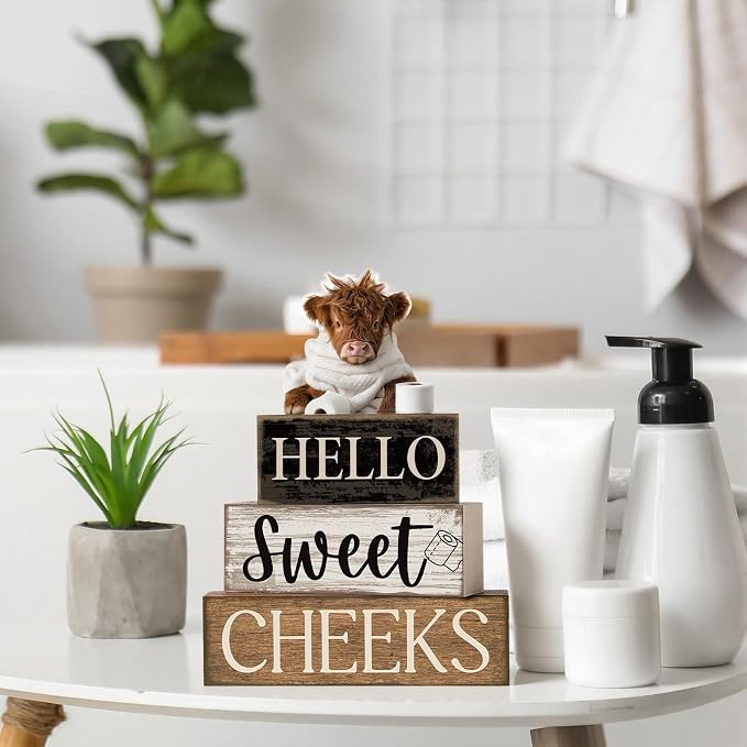 Moucuny 4 Pcs Bathroom Shelf Decor Highland Cow Farmhouse Bathroom Decor and Accessories Rustic Eucalyptus Leaves Hello Sweet Cheeks Highland Cow Sign Western Table Centerpiece for Home Office Toilet - Image 4