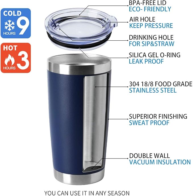 HASLE OUTFITTERS 20oz Tumblers Bulk Stainless Steel Cup with Lid Double Wall Vacuum Insulated Coffee Mug for Cold & Hot Drinks 8 Pack, Navy - Image 4