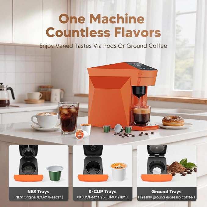 3-in-1 Coffee Maker & Espresso Machine for Pods & Grounds, Fits K Cup/Nes/Grounds, 4 Cup Sizes & Custom Brew Volume/Temp, 4.72" W for Kitchen/Office/Dorms,27 oz Tank - Image 2