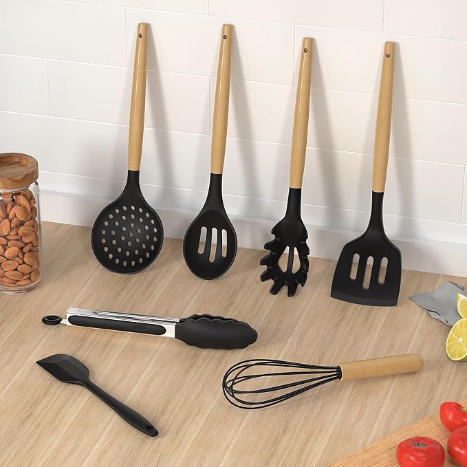 oannao Silicone Cooking Utensils Set Utensil Sets - 446°F Heat Resistant Silicone Kitchen Utensils Set Wooden Handles, Silicone Utensils for Cooking w Holder for Non-Stick Cookware BPA FREE (Black) - Image 3