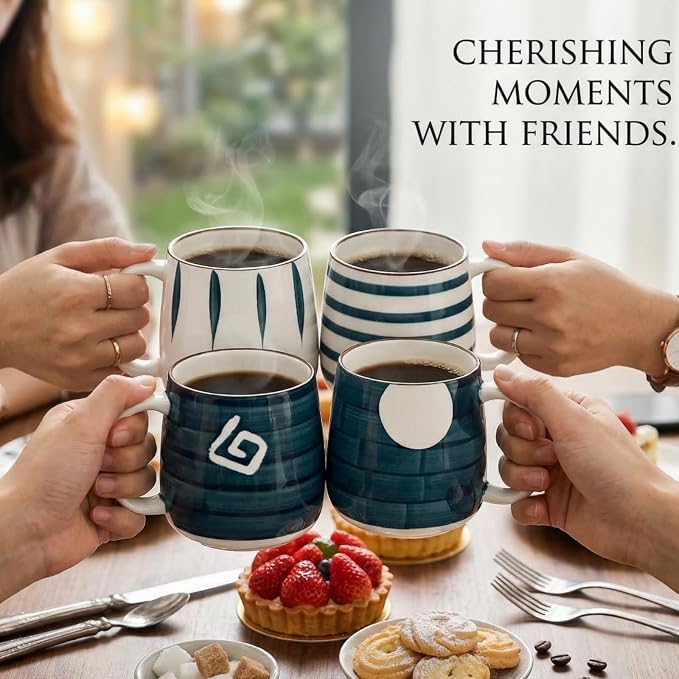 DEAYOU Set of 4 Porcelain Coffee Mugs, 17 Oz Ceramic Coffee Cups with Handles, Large Hand-Painted Tea Cups for Cappucino, Milk, Latte, Cocoa, Hot or Cold Drinks, Microwave & Dishwasher Safe - Image 8