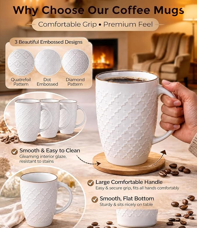 AmorArc Large Coffee Mugs Set of 4, 20oz Tall Coffee Mugs Set | with Texture Patterns for Cappuccino, Latte,Hot Cocoa, Dishwasher & Microwave Safe-Off White - Image 3
